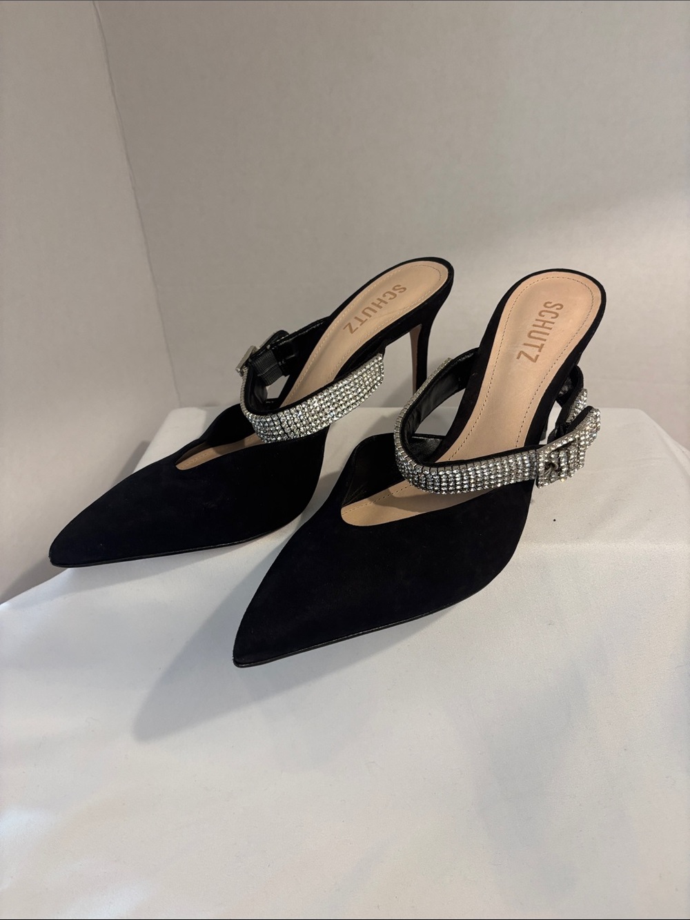 Schutz Tishara Black rhinestone buckle pointed toe mule heels. Size 9B